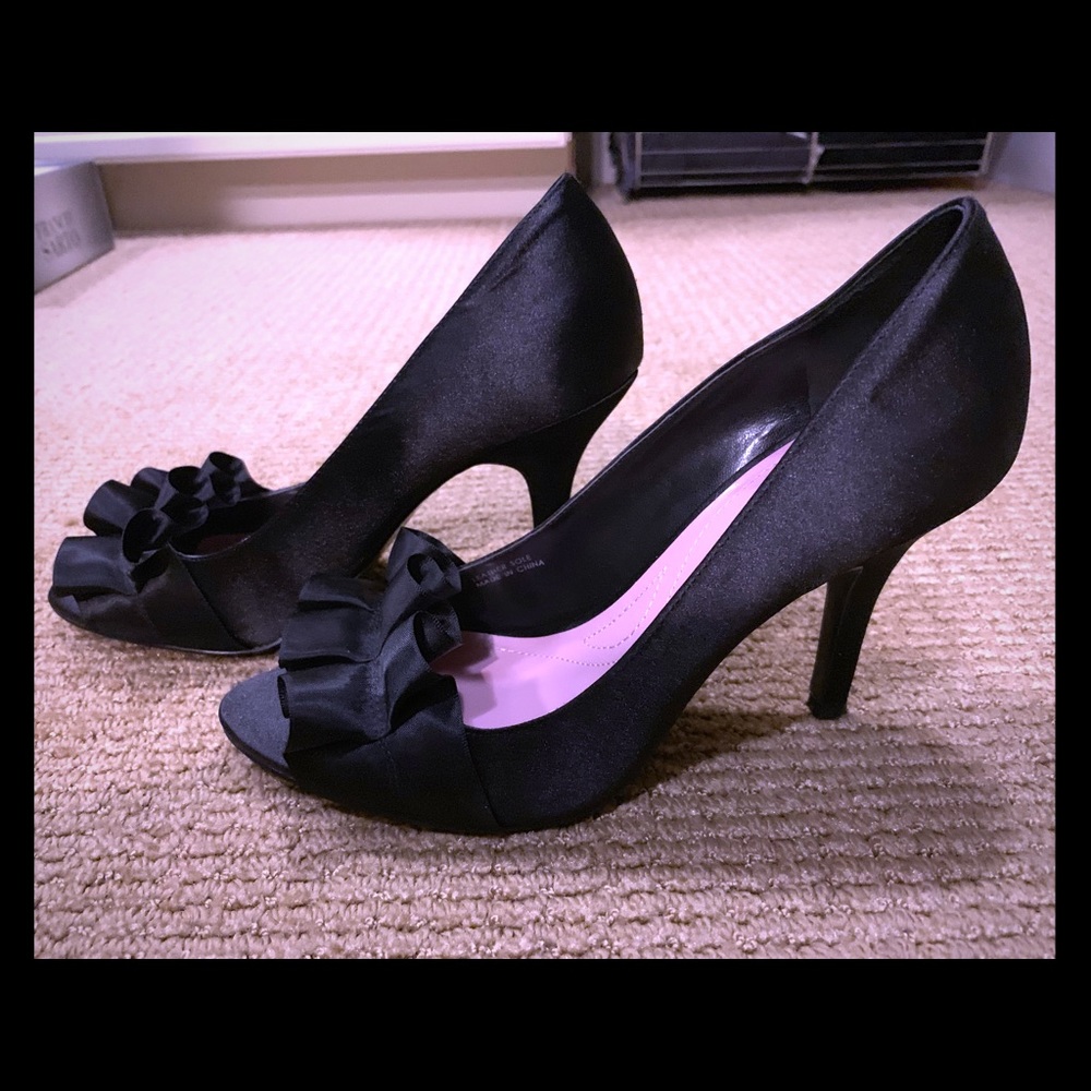 Black peep toe satin heels